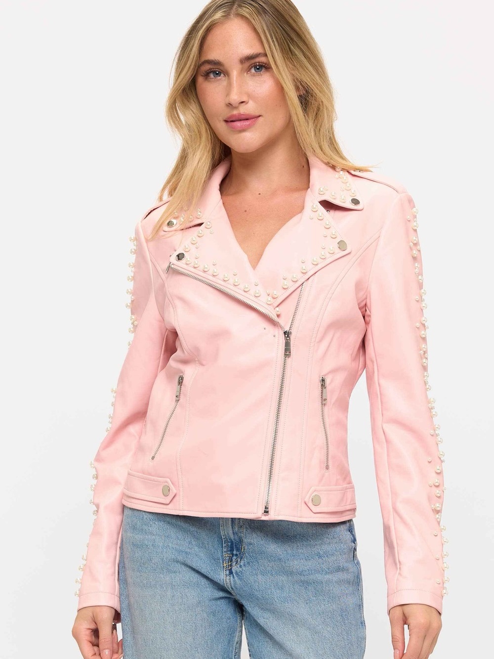 Women's Pearl-Trim Pink Moto Bomber Jacket